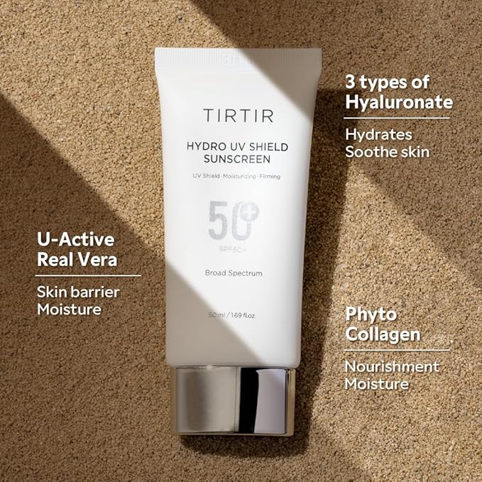 TIRTIR Hydro UV Shield Sunscreen | SPF 50+ Broad Spectrum UVA UVB Korean No White Cast Face Sunblock, 1.69 Fl Oz (Pack of 2)