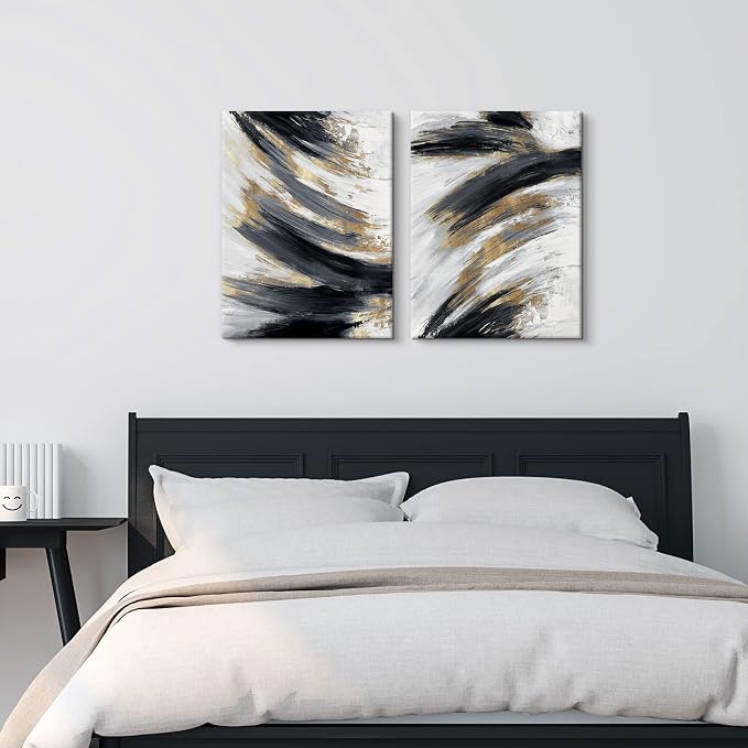 Chadow Artwork 2 pieces Black and Gold Abstract Wall Art 2 Pack Black and White Canvas Wall Decor Modern Framed Artwork for Living Room Bedroom Office Décor Ready to Hang 12"x16"(30cmx40cm)