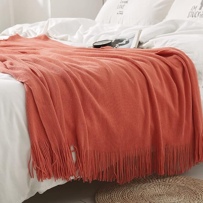 Homiest Orange Knitted Throw Blanket with Fringe, 50x60 Inch | Pure Acrylic, Lightweight & Breathable, All-Season Use, Machine Washable, Wrinkle & Fade Resistant, for Couch Sofa And Bed
