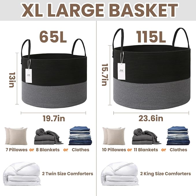 JMvicyroam 65L Extra Large Machine Washable Cotton Rope Blanket Basket | Collapsible laundry hamper, Reinforced handles, For blankets, pillows, toys and clothes, Living room and bedroom, Black&Grey