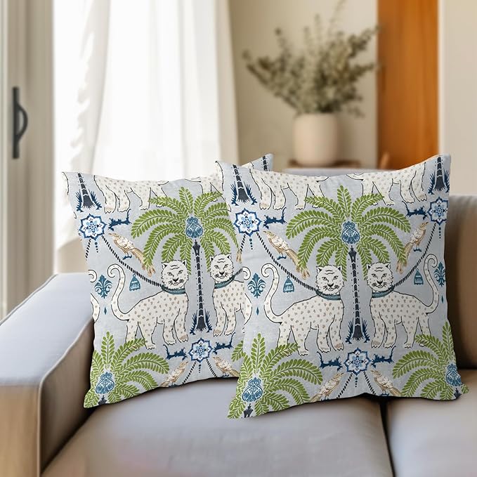 Animal Print Leopard Tropical Tree Pillow Covers 16X16 Inch Set of 2 Vintage Asian Bird Decorative Pillow Cases Green White Grey Cotton Linen Cushion Case Farmhouse Home Decor For Sofa Couch Bed