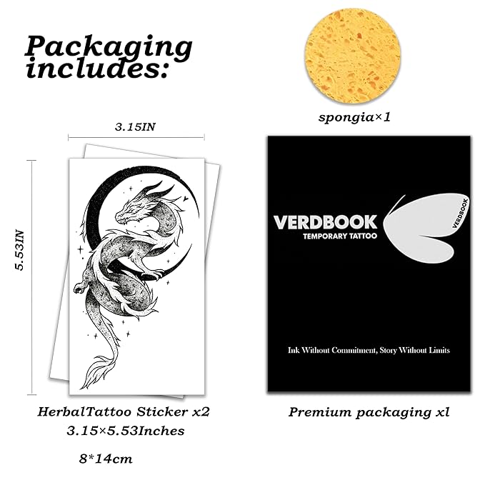 Waterproof Temporary Tattoos: 2-Sheet Tattoo Kit with Realistic Body Stickers, Semi-Permanent Tattoos for Adults Lasting 7-15 Days – Safe for Men & Women, Moonlit Dragon Pattern