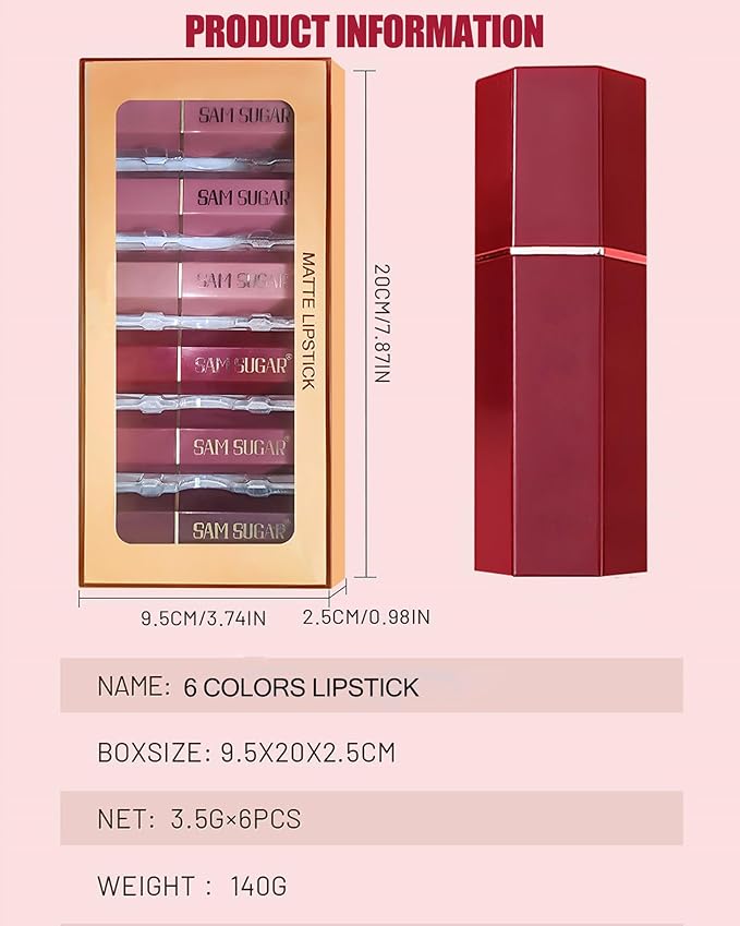 6 Pcs Glitter Lipstick Brown Nude Pink Purple Red Sets, Matte Shimmer Light to Dark for Women Long Lasting 24 Hours Lip Gloss, Sparkling Shiny Waterproof Lip Stick Color Lip Stain labiales Makeup Gift