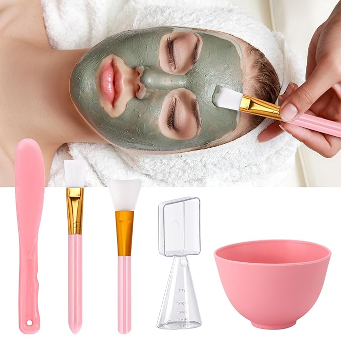 Tecbeauty Face Mask Mixing Bowl Set, 10 Pcs DIY Facemask Mixing Tool Kit with Silicone Facial Mask Bowl Brushes Stick Spatula Measuring Cup (Pink)