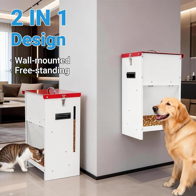 Automatic Dog Feeder - 25LBS Capacity Auto Gravity Dispenser | Powder Coated Dog Feeder, Waterproof for Indoor & Outdoor Use, 12.3"L x 10.5"W x 21.3"H, Red and White