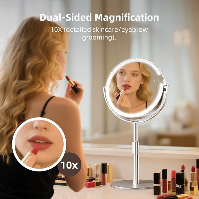 FRANO Lighted Makeup Mirror with Magnification (1X/10X), 8" Round Magnifying Vanity Mirror with Lights, Cordless Double Sided Light Weight Aluminum Alloy - Gifts Idea