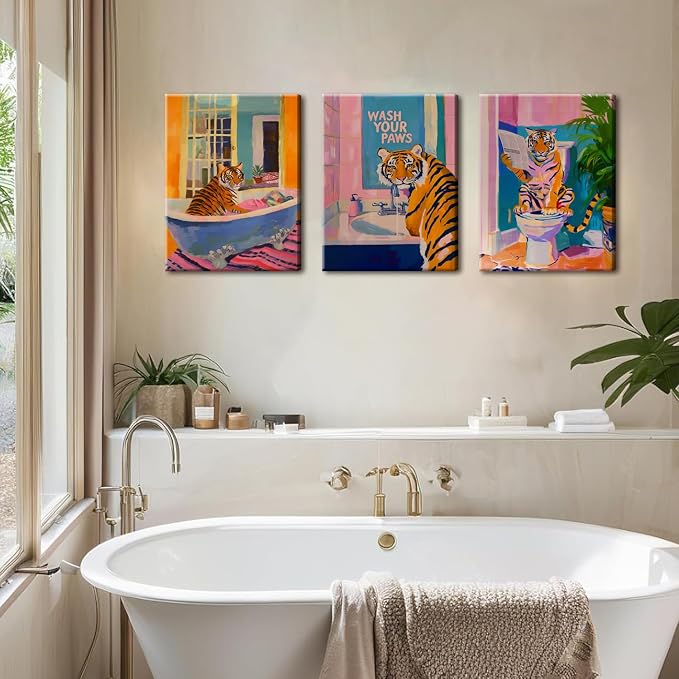 Funny Tiger Bathroom Wall Art Set of 3 Whimsical Tiger in Bathtub Canvas Wall Decor Painting Maximalist Animal Bathroom Poster Print Aesthetic 12x16 inch Framed