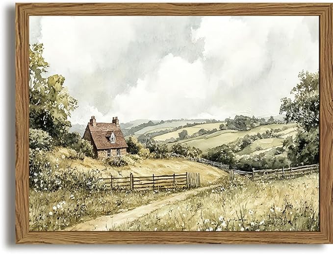 Framed Vintage Canvas Wall Art, Cottage Landscape Wall Decor Paintings, Rustic Farmhouse Pictures Prints Aesthetic Home Decor for Living Room Bedroom Bathroom 8x10 inch