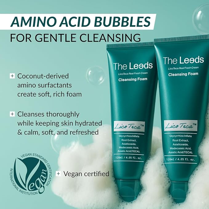 THELEEDS LicoTeca Real Fresh Cream Cleansing Foam 120ml(4.05 fl. oz.) | Gentle Amino Acid Facial Cleanser for Sensitive Skin, Deep Cleansing&Makeup Removal, Hydrating, Vegan Korean Skincare Face Wash