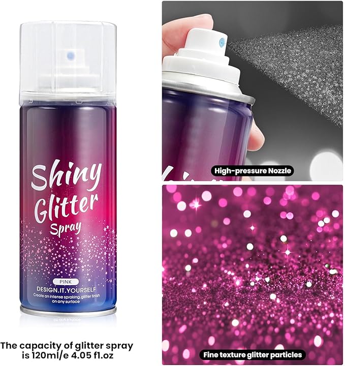 Body Glitter Spray Holographic Glitter Spray for Hair and Body, Quick-Drying Sparkle Highlighter Powder for Festival Concert Prom Rave (4.22 Fl Oz, Pink)