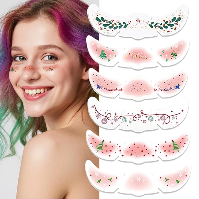 Christmas Glitter Face Tattoos – Waterproof Temporary Body Glitter Stickers for Holiday Parties and Christmas Festival Decorations, Sparkle Makeup Patches (6 Sheets)
