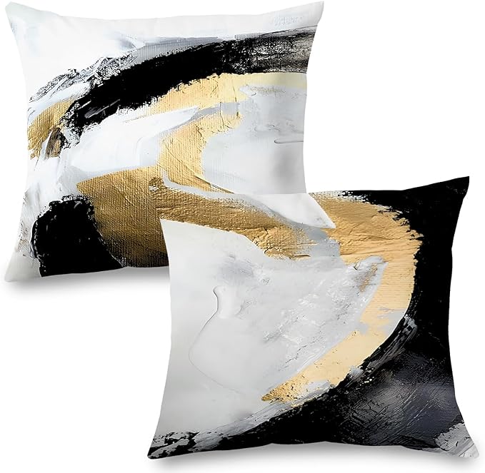 Abstract Black White and Gold Pillow Covers 16x16 Set of 2 - Modern Pillow Covers, Modern Home Decor, Black and Gold Decorative Pillows Cover for Couch Living Room Bedroom
