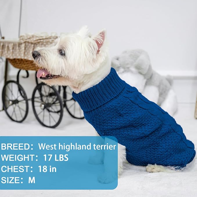 Mihachi Turtleneck Dog Sweater - Winter Coat Apparel Classic Cable Knit Clothes with Leash Hole for Cold Weather, Ideal Gift for Pet in New Year Royal Blue Small/Medium