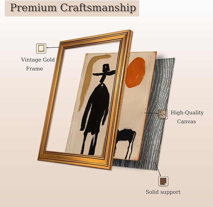 Western Desert Gold Framed Wall Art Abstract Cowboy Horse Sunset Wall Decor | Southwestern Vintage Pictures Canvas Art Minimalist Small Framed Print Artwork for Bedside Table Foyer Bookshelf Gallery Wall