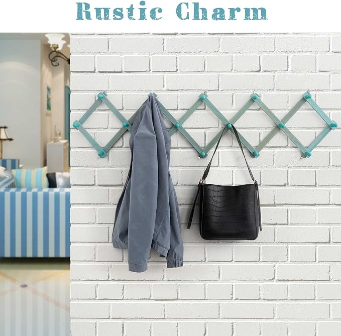 SCUNDA Beachy Coastal Wall Rack with 16 Hanging Hooks, Beach Decorations for Home, Nautical Style Wall Mounted Wood Coat Rack(Rustic Blue)