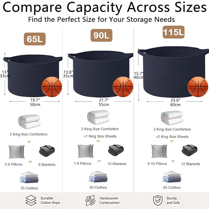 115L Extra Large Woven Cotton Rope Laundry Basket-Navy Blue | Collapsible, reinforced handles, nursery storage bin organizes clothes, toys and pillows for living room, bedroom bathroom