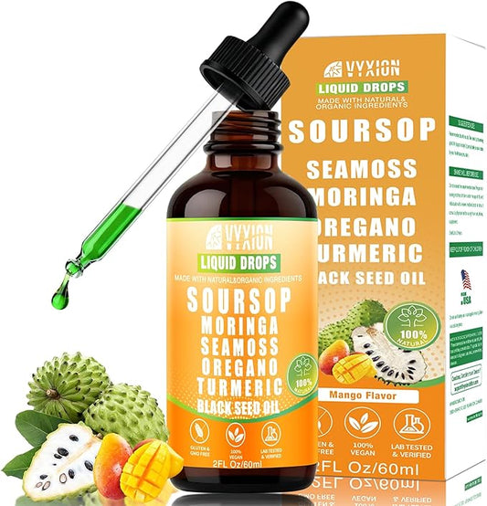 Soursop Bitters Liquid Drops 10 in 1 with Sea Moss, Moringa, Turmeric, Black Seed Oil, Oregano, Ashwagandha | Herbal Extracts for Overall Health-Enhancing | Vegan, Non-GMO | 2 Fl Oz(Mango flavor)