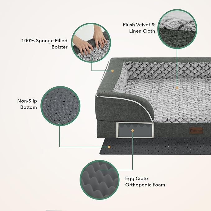Orthopedic Dog Bed for Extra Large Dogs, Dark Grey, 48x30in | Orthopedic Foam Relieves Joint Pressure, Bolsters Supports Head And Neck, Washable Cover, Non-Slip Bottom