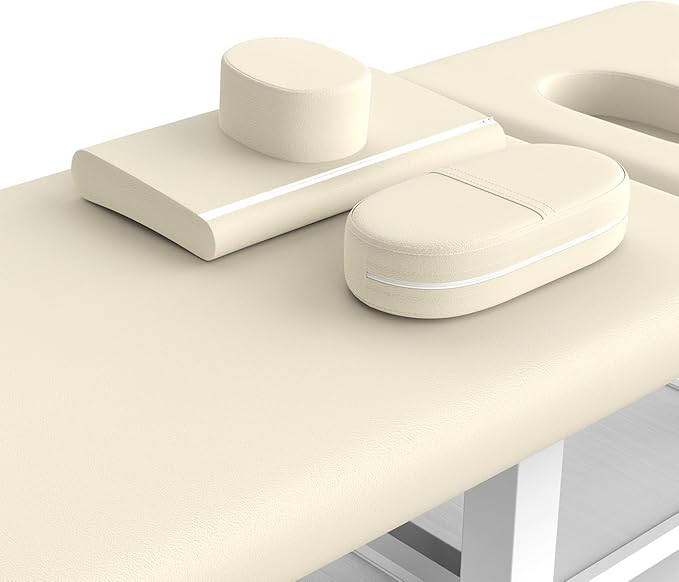 pouseayar Metal Frame Wide Stationary Massage Table for Treatment Table Physical Therapy Table Spa Facial Bed, PU Leather 31.5'' Wide 75'' Long (Beige Grey, Segmented Structure)