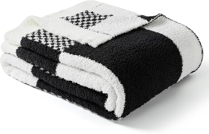 Snuggle Sac Checkered Blanket, Black Throw Blanket for Couch Plaid Microfiber Fluffy Warm Fuzzy Cozy Soft Throw Blanket Reversible Checkerered Blankets for Sofa, Chair, Bed, 50x60 inches