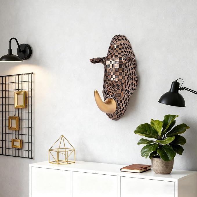 GIGICICI 9.2x4.7-Inch Vintage Mosaic Rhino Head Wall Sculpture Art Mount Statue for Room Bedroom Office Living Decor(Brown)