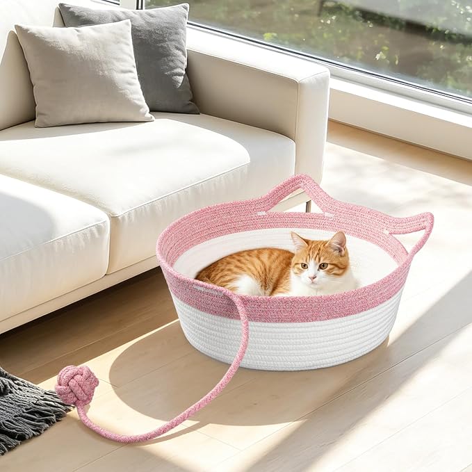 Cotton Rope Woven Cat Bed, Instinct Pet Basket with a Play Ball, Large | Foldable Cat Scratcher Basket for Indoor Cats, Puppies, Rabbits and Small Pets, Pink & White