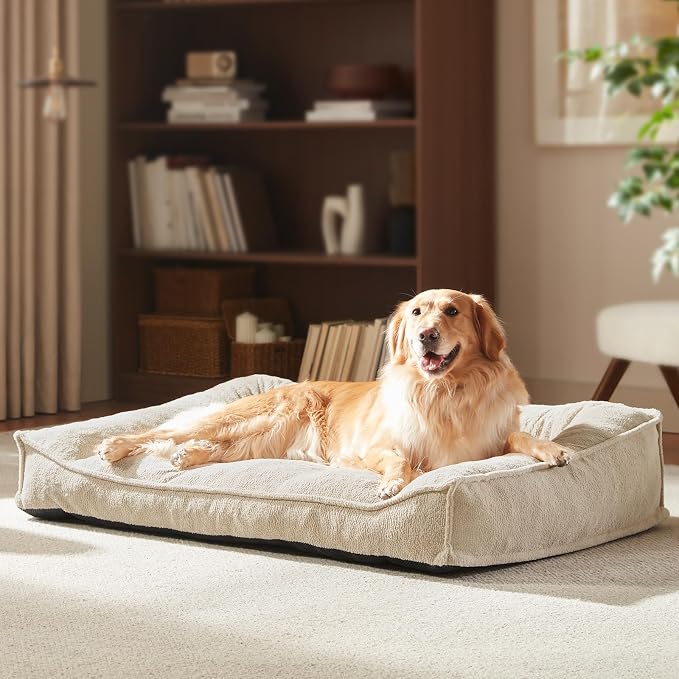 FURTIME XL Orthopedic Dog Bed Large Sized Dog, Extra Washable Dog Couch 42" | Supportive Thick Pet Sofa, Ergonomic Slant Dog Beds with Removable Cover, Ultra Soft Surface & Non-Slip Bottom, Beige
