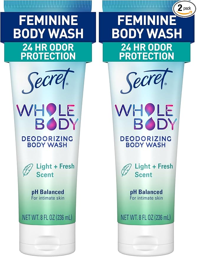 Secret Feminine Wash, 24 HR Deodorizing Feminine Body Wash for Women, Removes 6x Causes of Odor, PH Balanced, Safe to Use Everywhere, Light & Fresh, 8.0 oz, (Pack of 2)