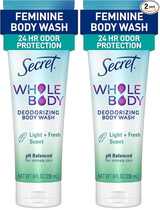 Secret Feminine Wash, 24 HR Deodorizing Feminine Body Wash for Women, Removes 6x Causes of Odor, PH Balanced, Safe to Use Everywhere, Light & Fresh, 8.0 oz, (Pack of 2)