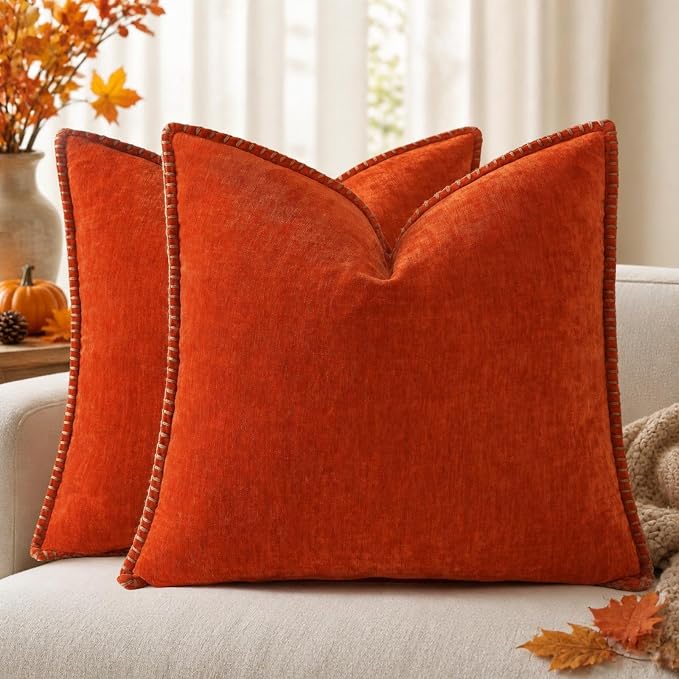 decorUhome Soft Chenille Throw Pillow Covers 16x16 Set of 2 Rust | Fall Textured Decorative Throw Pillow Cases Stitched Edge Modern Farmhouse Luxury Boho Velvet for Couch Sofa Bed Home Decor