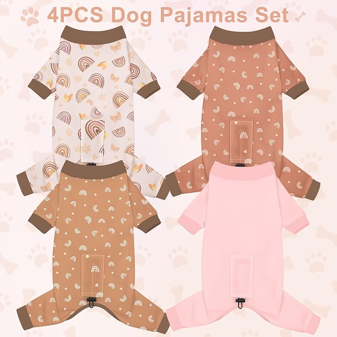 Bienbee Dog Pajamas, 4 Pack Adjustable Onesies for Small to Large Dogs S | Dog Shedding Suit with Soft Fabric, Breathable & Stretchy, and Adjustable Back Length for Sleeping Lounging and Daily Use