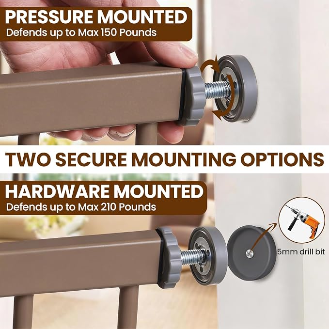 Mumeasy 29.7-48" Baby Gate for Stairs, Pressure Mounted Dog Gate for Doorways, Extra Wide Walk Thru Safety Pet Gate for Doors with Auto Close, Easy Install Child Gate for Hallway Indoor House, Brown