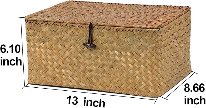 Seagrass Wicker Storage Basket with Lid, Large, Natural | Large Storage Box, Shelf Organizer, Rectangular Woven Bin, Multipurpose Home Storage, Natural Decor, 13 x 8.66 x 6.1