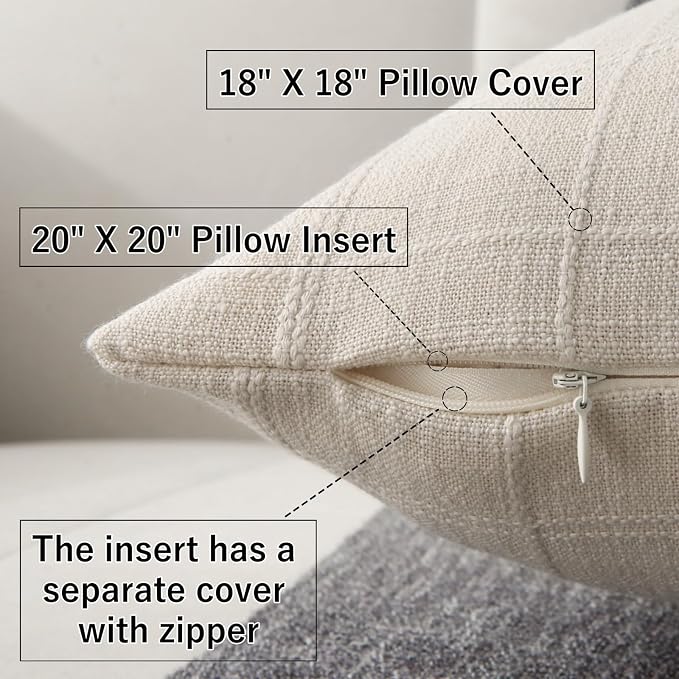 18" x 18" Decorative Throw Pillow with Inserts, Set of 2 Modern Neutral Farmhouse Vintage Throw Pillows, Square Boho Pillow for Couch, Bed, Sofa Decor (Beige, 18" x 18"(Pack of 2))