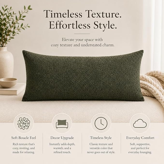 JoraLion 12x24 inch Boucle Lumbar Pillow Cover, Army Green Woven Texture Neutral Long Pillow Cover Breathable Cushion Case for Couch Sofa Bed Living Room Home Decor (Cover Only)