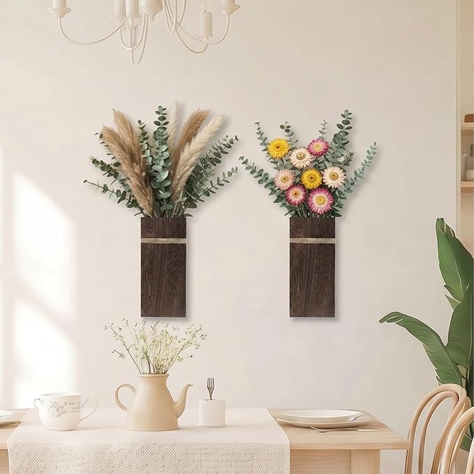 Wall Planters for Indoor Plants Set of 2, Rustic Boho Wood Wall Vases for Dried Flowers & Artificial Plants, Modern Farmhouse Home Decor for Living Room Bedroom Kitchen Dining Room - Dark Brown