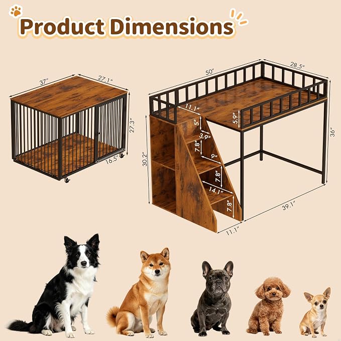 37" Dog Crate Furniture, Wooden Dog Kennel Indoor w/Storage(Rustic Brown) | Heavy Duty Pet Cage Indoor for Small & Medium Dogs, Dog Kennel with Storage Shelf, 4 Lockable Wheels and Stairs, Loft-Style