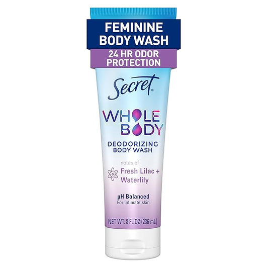 Secret Feminine Wash, 24 HR Deodorizing Feminine Body Wash for Women, Removes 6x Causes of Odor, PH Balanced, Safe to Use Everywhere, Lilac & Waterlily Scent, 8.0 Fl Oz