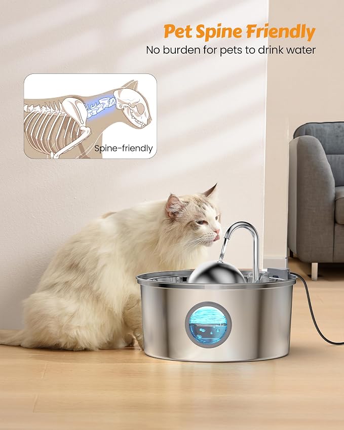 AONBOY Cat Water Fountain Stainless Steel, 108oz/3.2L Cat Fountain, Pet Water Fountain with Water Level Window, Hemispherical Shape, Multi-Filter, Silent Pump, Water Tap, Provides Flowing Water