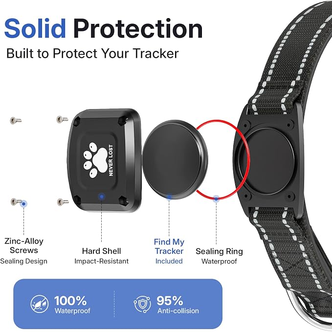 GPS Dog Collar with Tracker, Waterproof, No Monthly Fee, Black, L | Works with Apple Find My, iOS Only, MFi Certified, No SIM Card, for Large Dogs, Reflective Padded Nylon, Neck 16.5-23.5 in