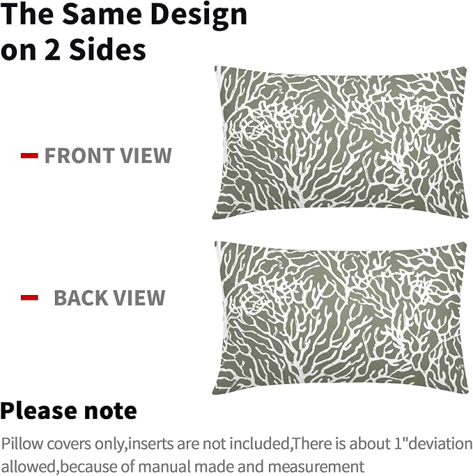 Nautical Coastal Coral Lumbar Pillow Covers 12x20 Inch Set of 2 Summer Ocean Beach Sage Green Decorative Pillow Cases Outdoor Linen Cushion Cover Farmhouse Decor for Bedroom Home Sofa Couch Bed