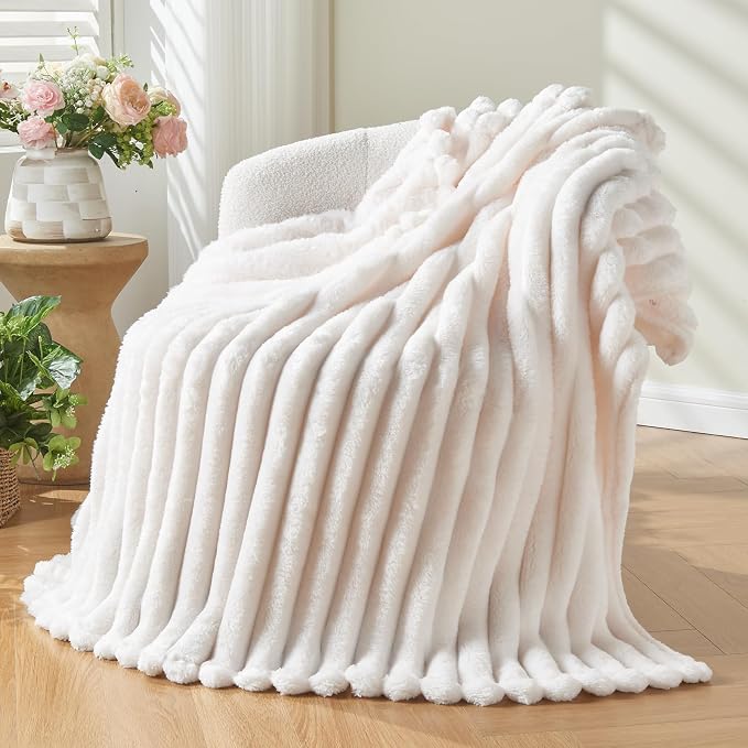 NEWCOSPLAY Fleece Ribbed Cozy Throw Blanket for Couch, Ivory, 50"x60" | Premium Silky Flannel Blanket, Soft Lightweight Fluffy Throw Blanket for Bed Sofa Decor, Gift for All Season Use