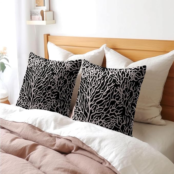 Nautical Coastal Coral Pillow Covers 18x18 Inch Set of 2 Summer Ocean Beach Black Decorative Pillow Cases Outdoor Linen Cushion Cover Farmhouse Decor for Bedroom Home Sofa Couch Bed