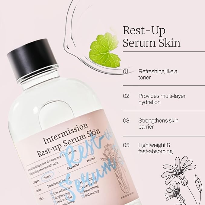 Intermission Rest-Up Serum Skin – Hydrating Toner + Serum All-in-One, CHEMOCICA™ 800,000 ppm, Cica Complex with Centella Asiatica, Hyaluronic Acid & Ceramide, Lightweight Facial Skincare (6.76 Ounce)
