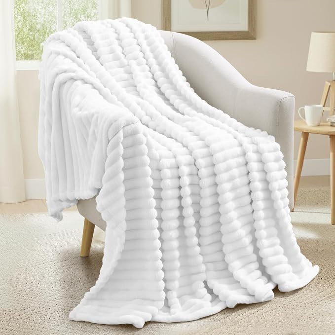 decorUhome White Fleece Throw Blanket 50x60 Inches | Soft Couch Cozy Fluffy Plush Flannel Striped Blanket for Sofa Bed, Lightweight Decorative Ribbed Fuzzy Blanket for Woman