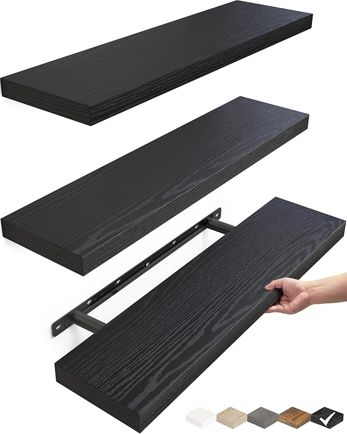 BAYKA Black Floating Shelves 22.5in, Set of 3, Wall Mount Rustic Wood Shelf | Easy Install, 22lbs Max Load, Hidden Bracket, for Bathroom Bedroom Kitchen Display Storage Decor, Multi-Wall Compatible