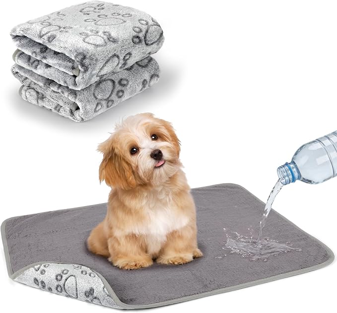 YUEPET Waterproof Dog Blankets, 2 Pack Washable Puppy Blankets 30 x 20 in | Grey Paw Print Pair, Reversible Fleece Throw, Heat-Reflective Mylar, Bed/Sofa/Car Protection, Small/Medium Dogs and Cats