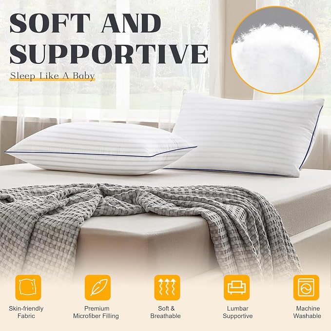 Yettbea 12x20 Inches Pillow Inserts Set of 2- Premium Soft Down Alternative Fill, Decorative Throw Pillows for Couch, Bed & Sofa, Supportive White Striped Bedroom Pillow Forms