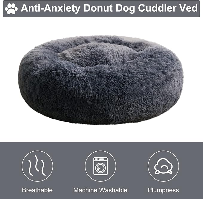 WNPETHOME Small Round Calming Dog Bed Cat Bed for Comfy Sleep | Dog Bed For Small Dog, Cute Washable Puppy Bed with Fuzzy Plush, Fur Anxiety Pet Bed Donut Cuddler (24x24x8in, Navy Blue)