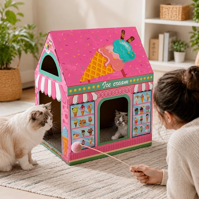 Cinrobiye Cardboard Cat House with Scratcher, Indoor Cat Condo Cat Cave Hideout with Scratch Pad, Cardboard Cat Playhouse Bed for Cats, Kittens, Rabbits & Small Pets (Ice Cream)